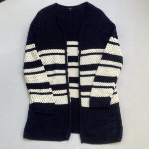NWOT Talbots Women’s XL Navy Blue White Open Front Long Knit Cardigan Sweater